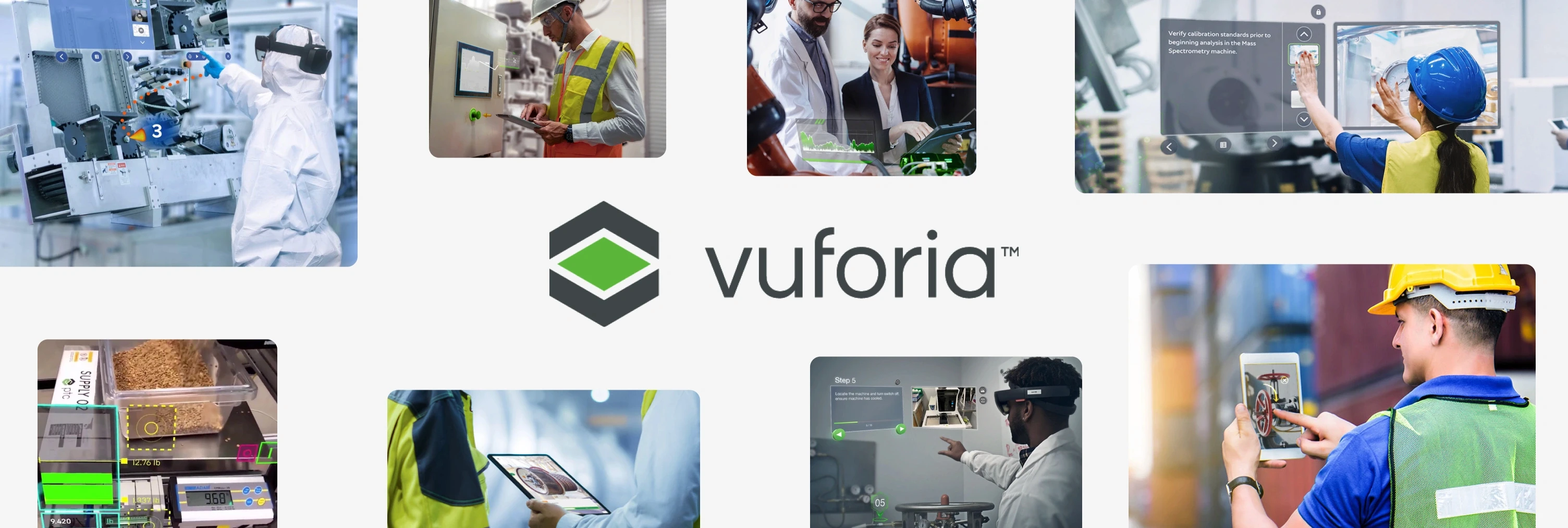 Vuforia logo with photos of workers using AR headsets and tablets to view step-by-step industrial work instructions
