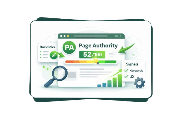 Illustration of Page Authority showing a single webpage with a highlighted PA score, surrounded by backlinks, ranking signals, and SEO performance indicators.