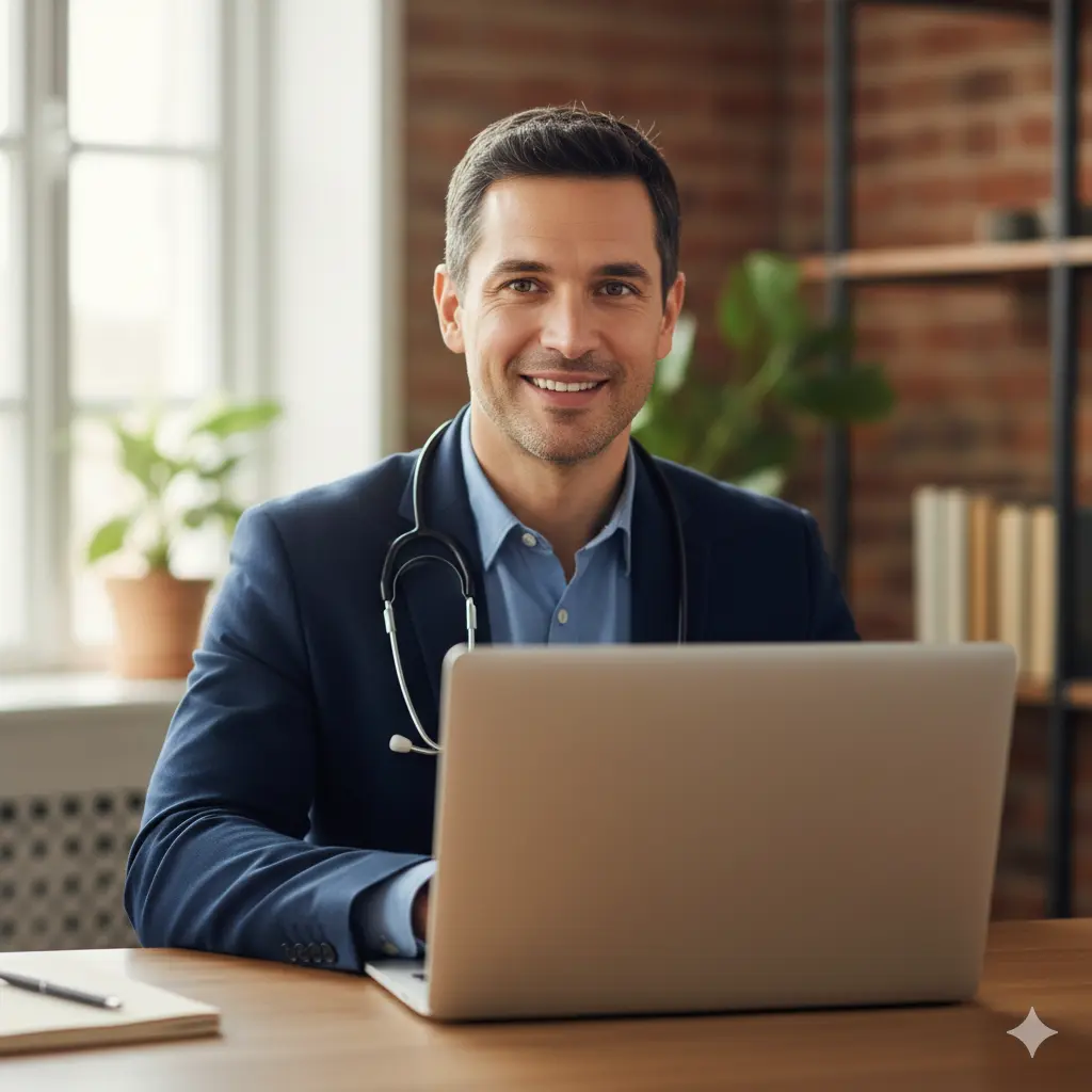 Doctor at a desk with a laptop