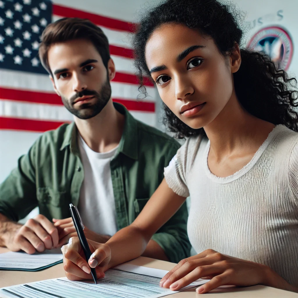 A diverse couple at an immigration office, filling out forms for conditional permanent residency. The background features an American flag and a USCIS logo.
