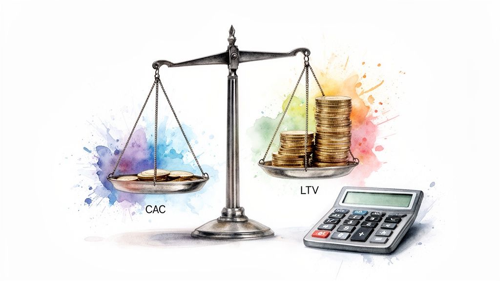 Balance scale weighs Customer Acquisition Cost (CAC) against Customer Lifetime Value (LTV), showing LTV is greater, with a calculator.