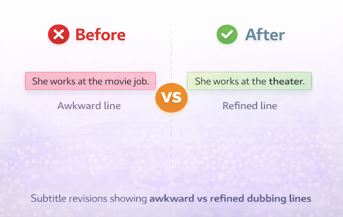 Before vs After subtitle comparison showing awkward line vs refined line