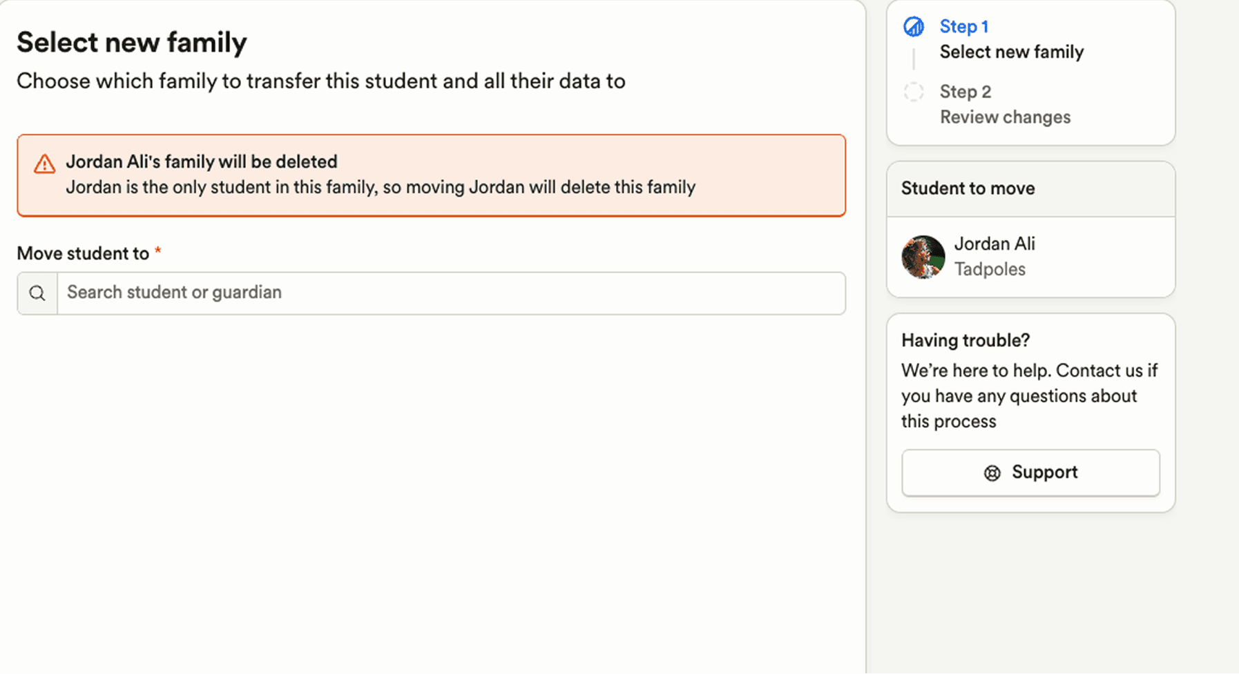 Select new family modal showing a two-step flow to move student Jordan Ali to a new family, with a warning that the original family will be deleted