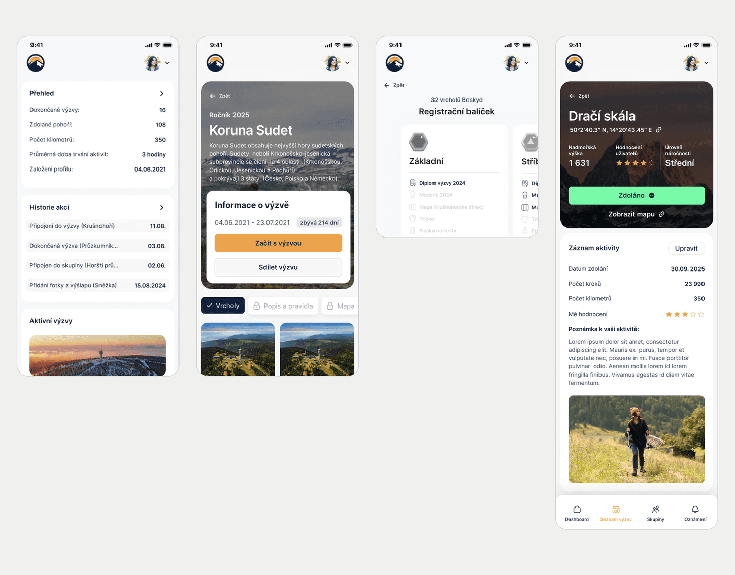 Mobilní obrazovky: dashboard, detail výzvy, registrační balíčky a detail vrcholu se záznamem aktivity.