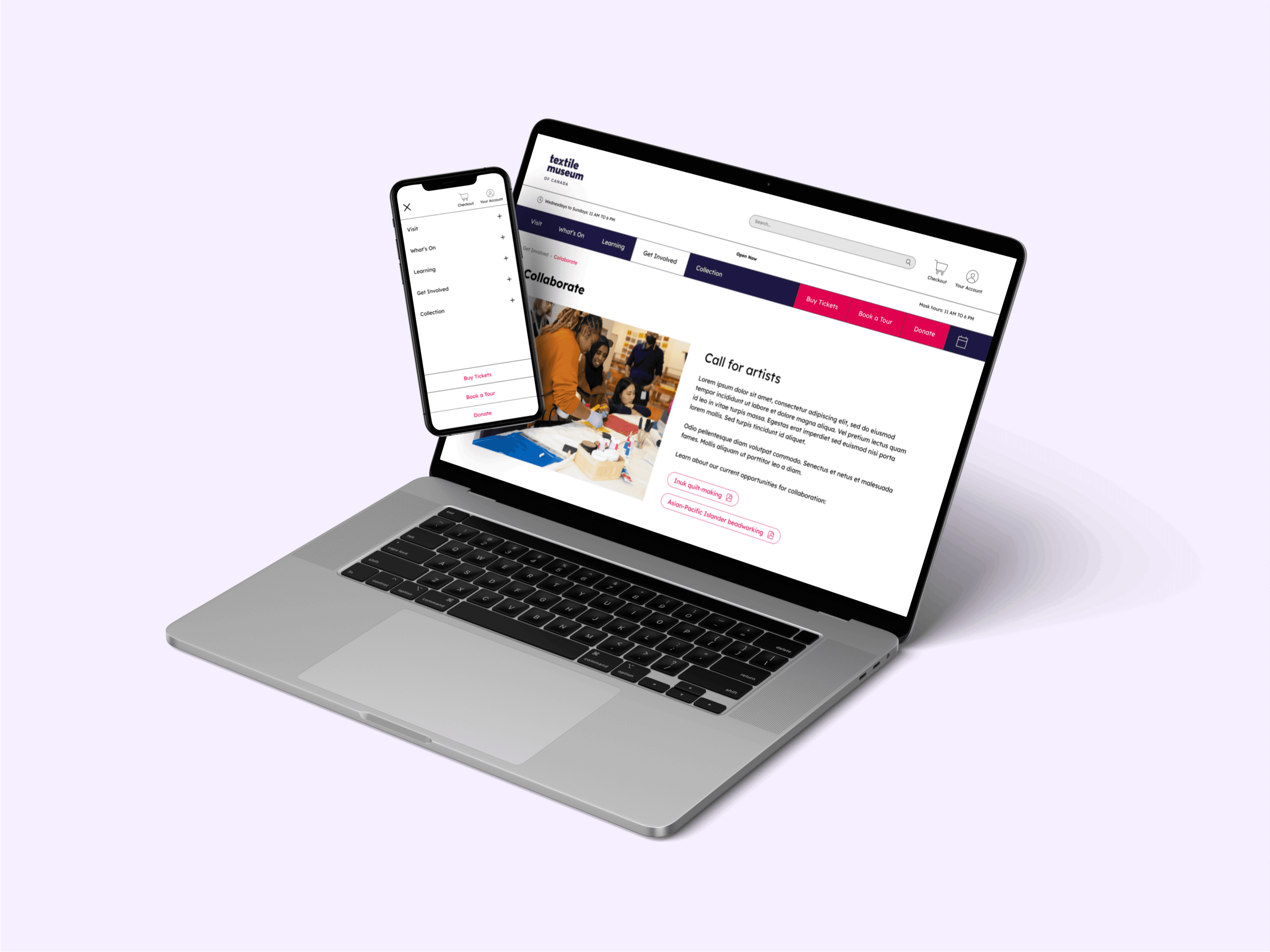 Device rendering of a desktop and mobile website redesign for the Textile Museum of Canada