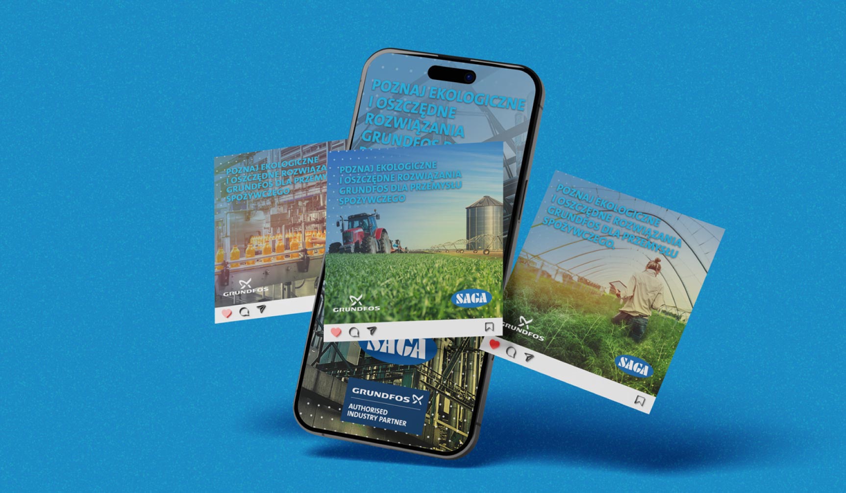 Mockup telefonu z grafikami reklamowymi przygotowanymi do social media