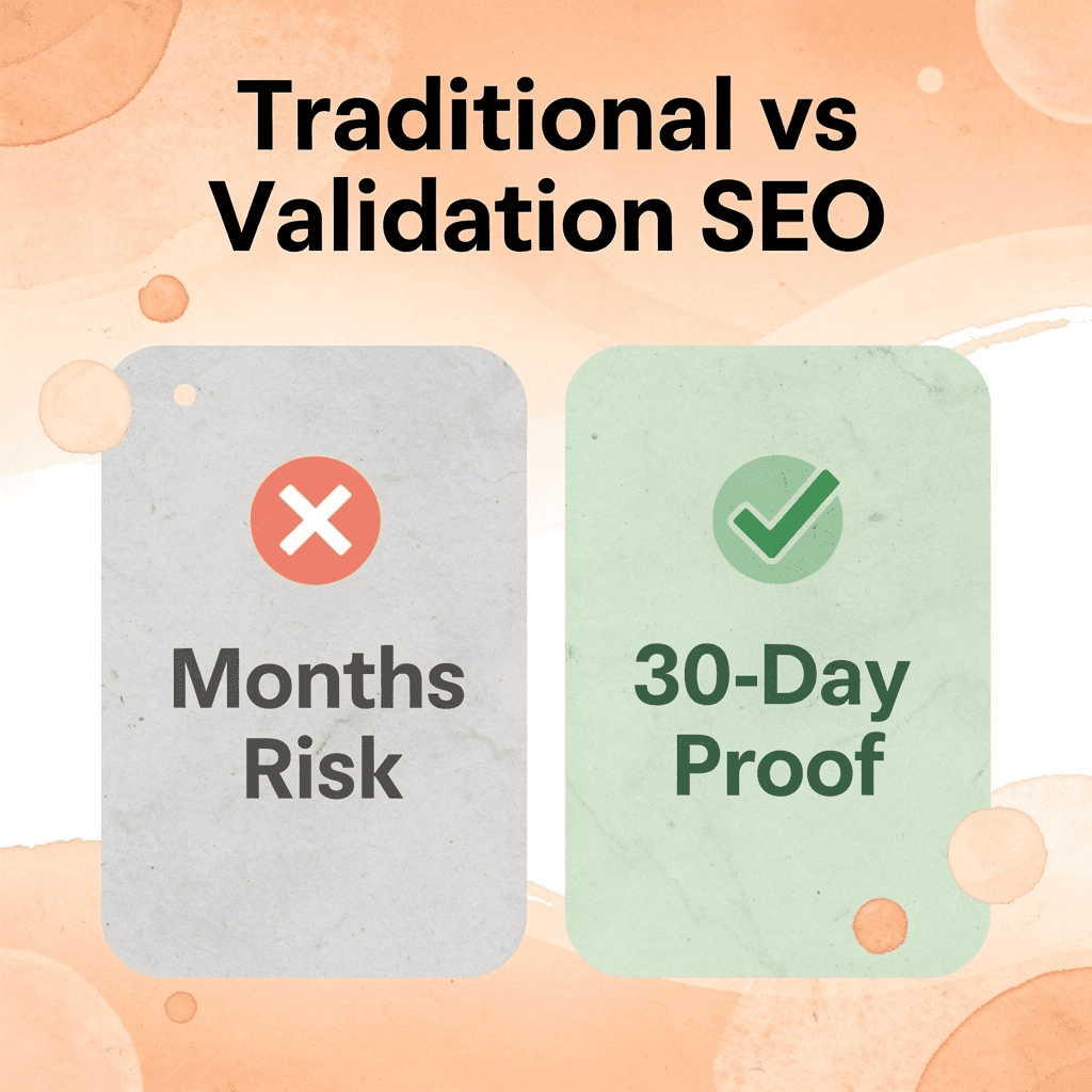 Before and after comparison showing traditional SEO risk versus validation-first approach