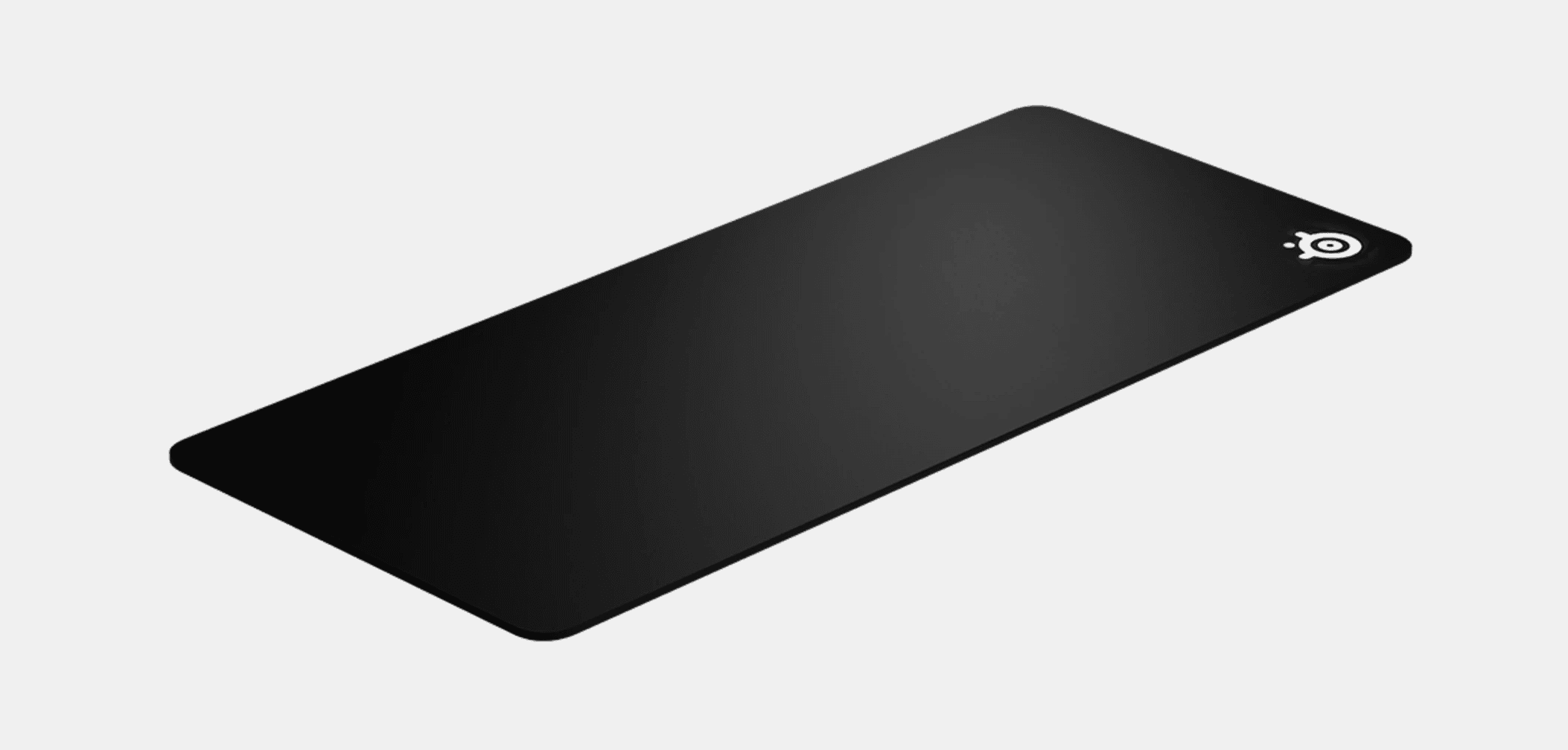 Large black rectangular mouse pad with rounded corners and a small white logo in the corner.