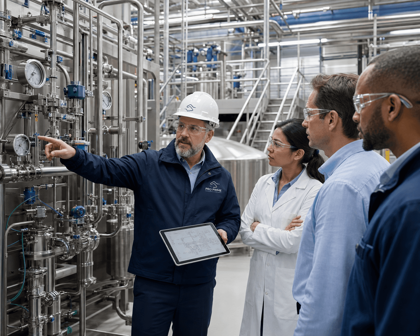 Technician inspecting stainless process equipment in a manufacturing environment