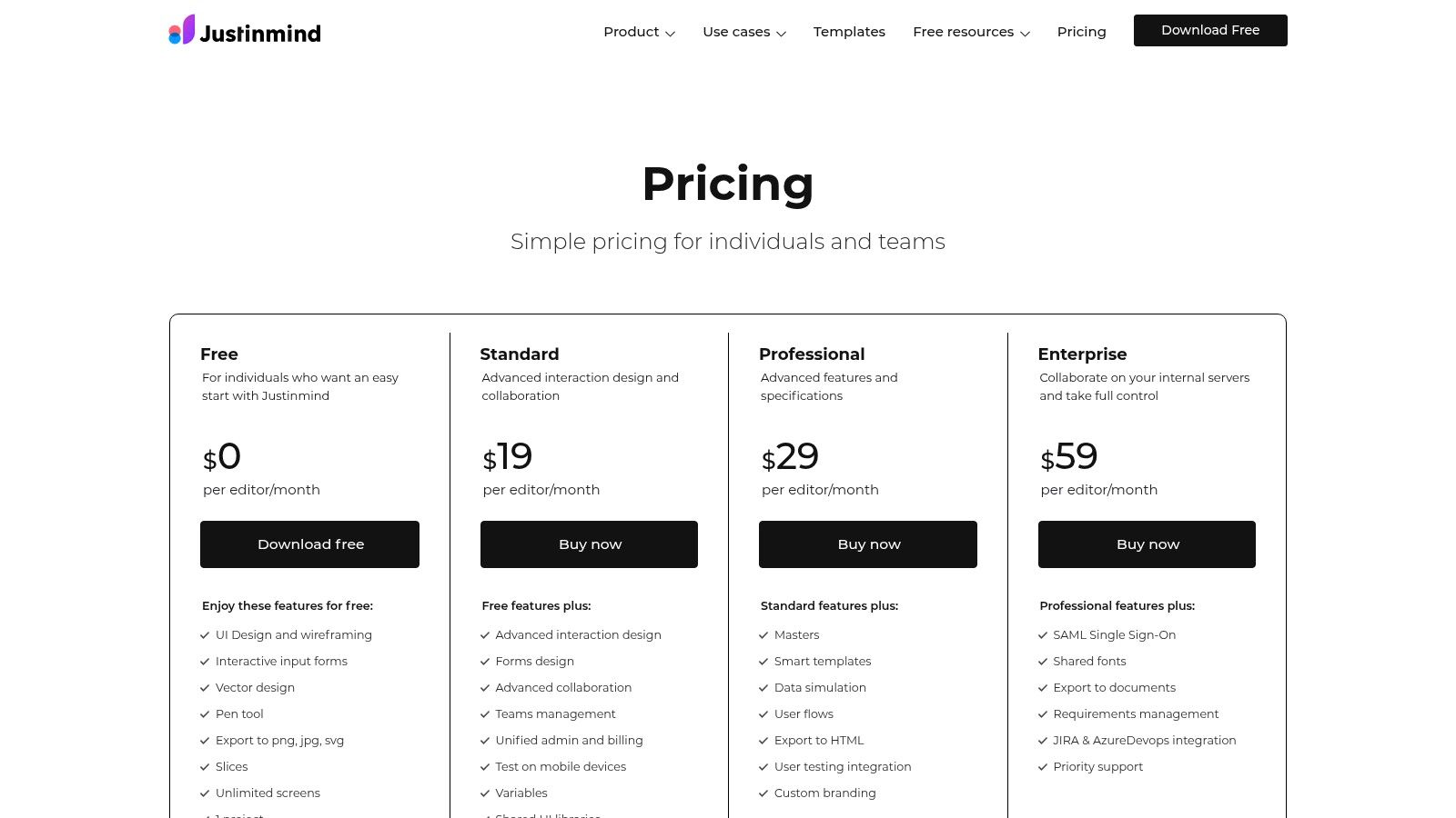 Justinmind pricing plans showing free, professional, and enterprise tiers