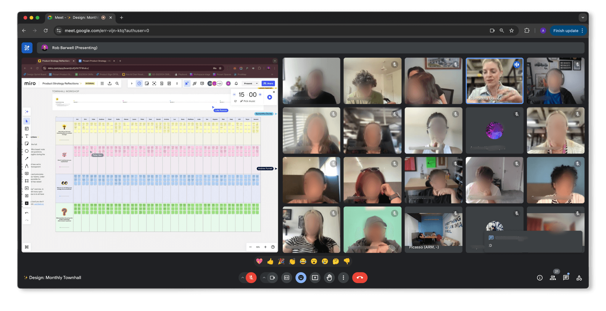 An image of a team call. On the left is a Miro board which people are working from together. On the right are thumbnails showing some of the people in the call. Faces and names are blurred to protect privacy.
