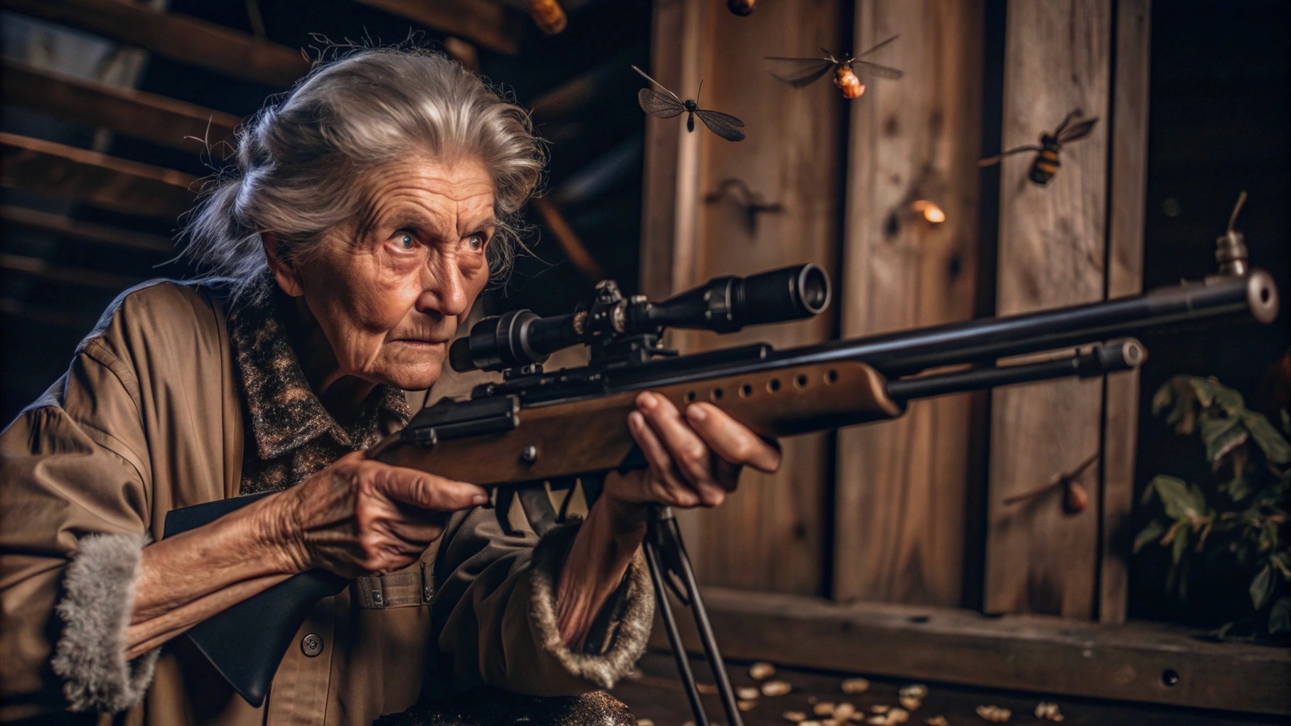 an old lady hunts mosquitos with a big gun