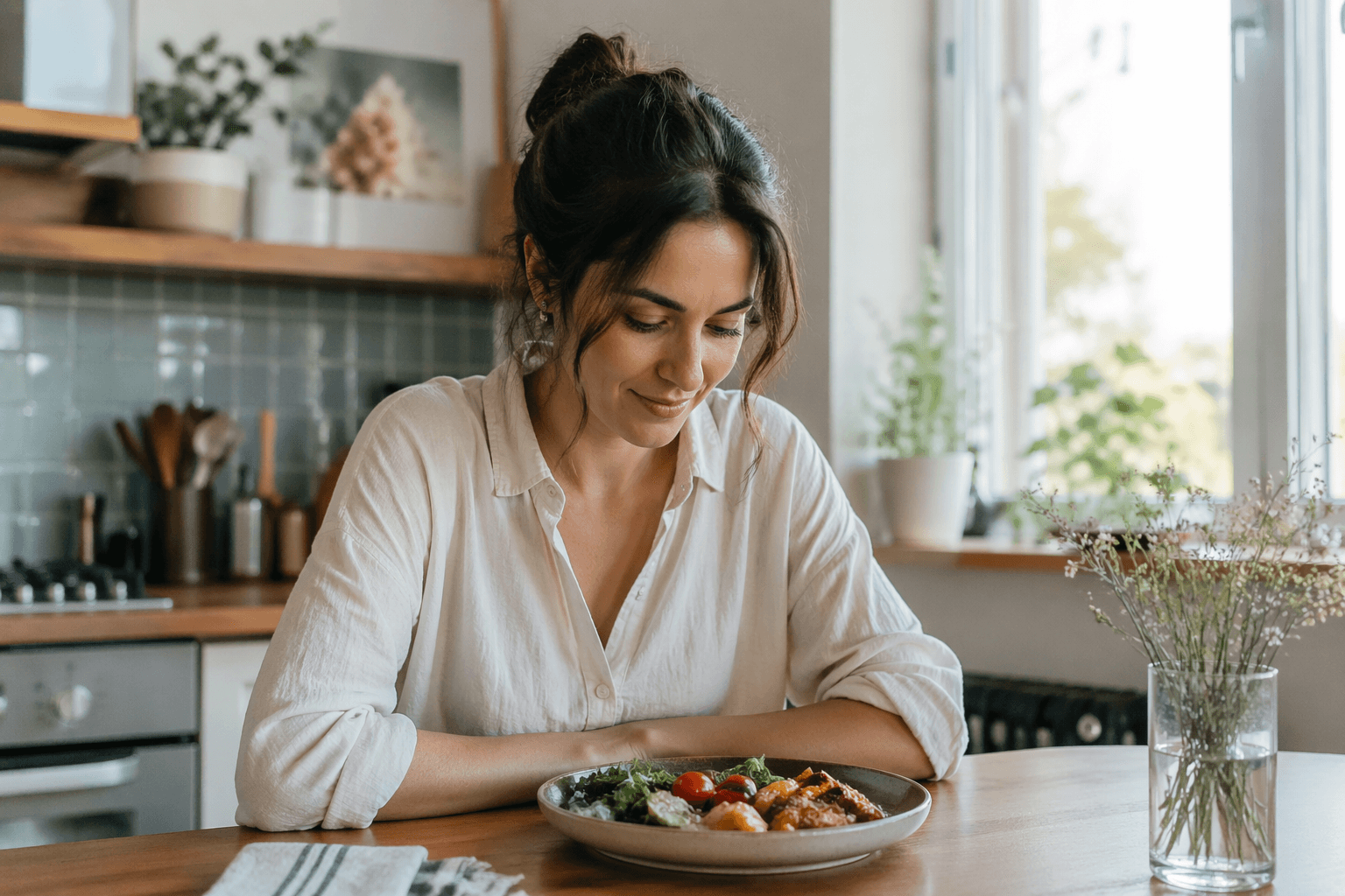Woman starting intuitive eating for the first time — focused on food without rules or calorie counting