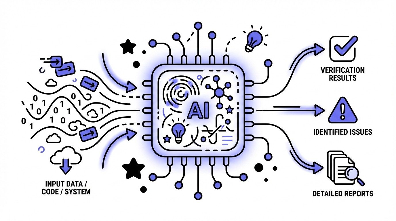 A futuristic flow diagram showing how AI automates verification. Input data flows into a central, glowing AI processor, which then outputs verification results, identified issues, and detailed reports.