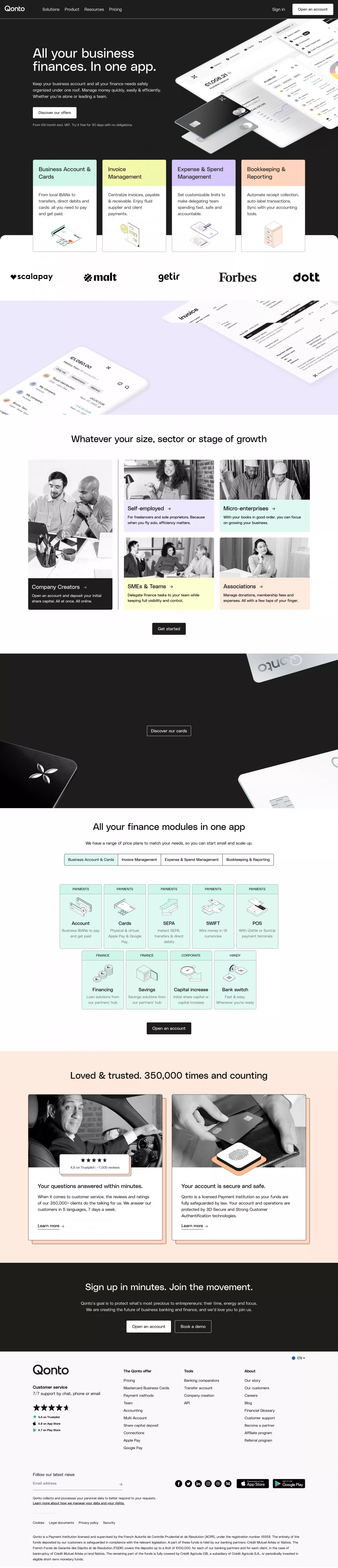 All your business finances managed in on landing page screenshot showcasing Tech and Finance design