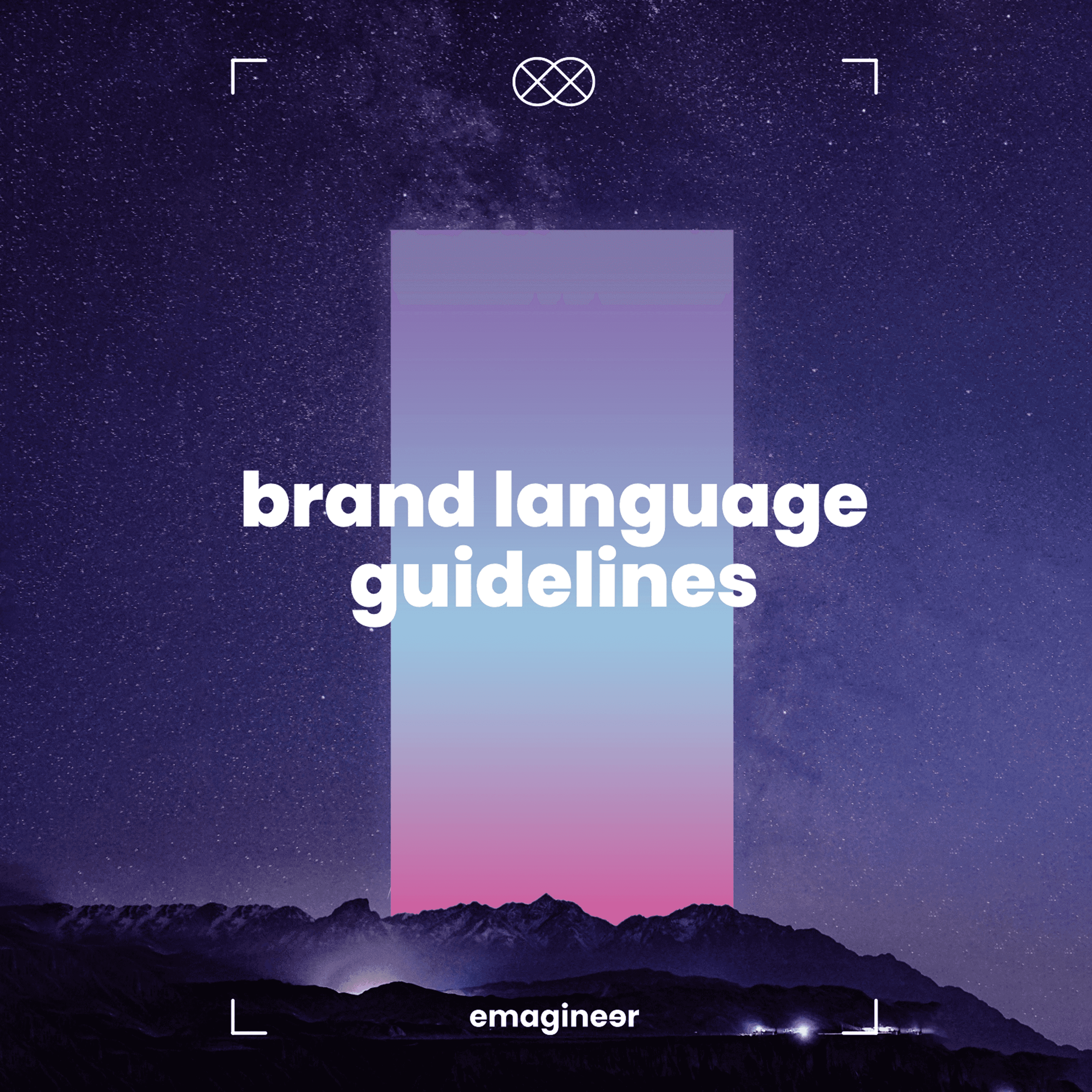 A square image of a starry night sky above dark mountains with a large colourful rectange with a gradient fade in the centre.