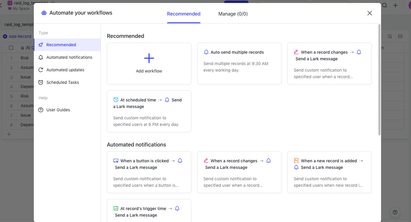 Workflow automation interface in Lark