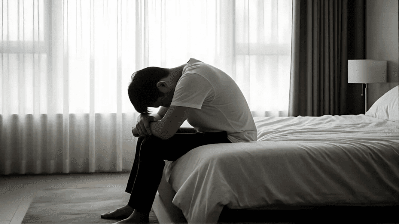 person sitting on the edge of a bed in morning light, hand to their head