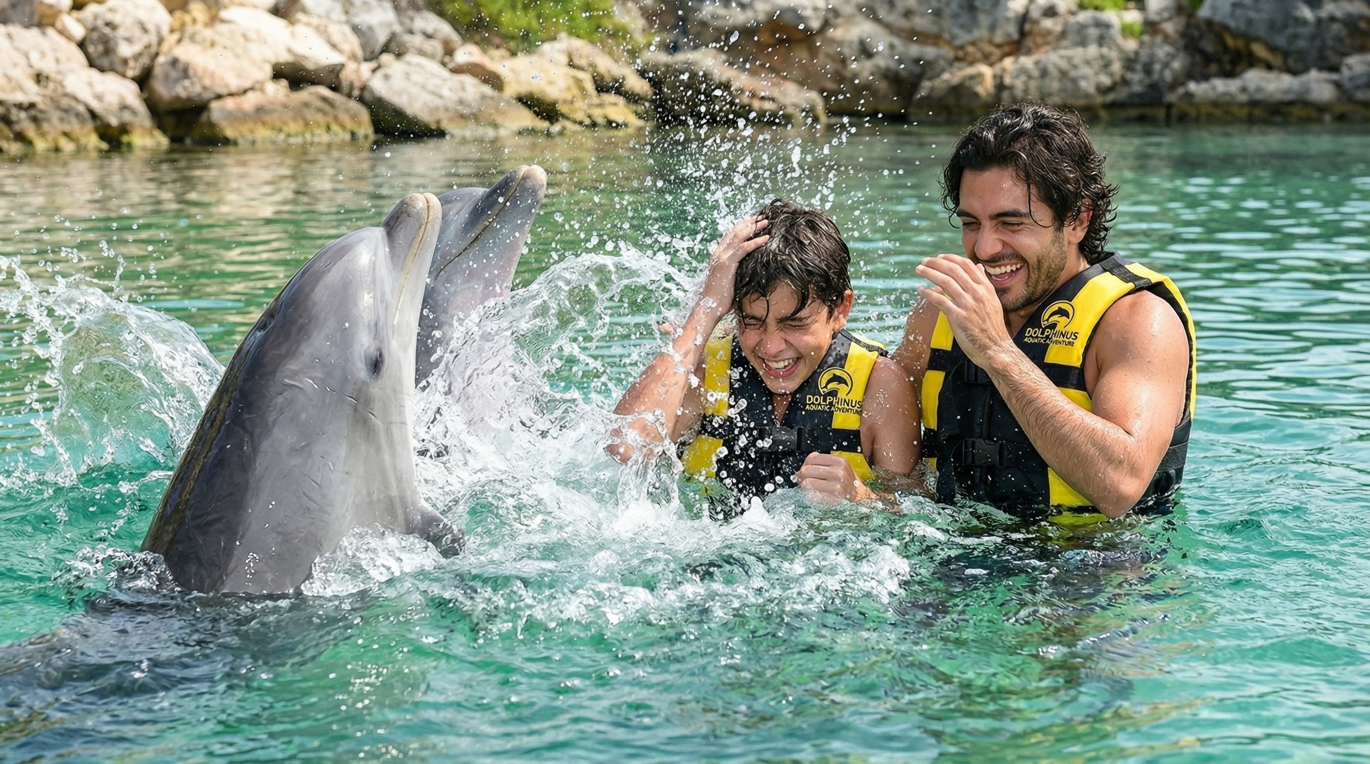 Two dolphins splash a laughing man and boy in clear water.