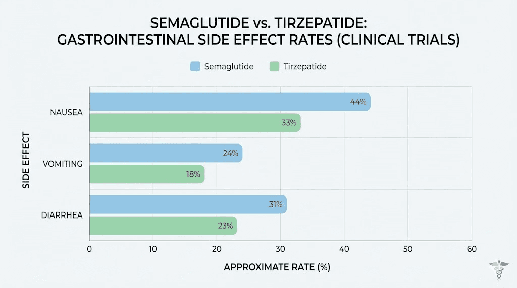 Semaglutide vs tirzepatide gastrointestinal side effects rate comparison chart