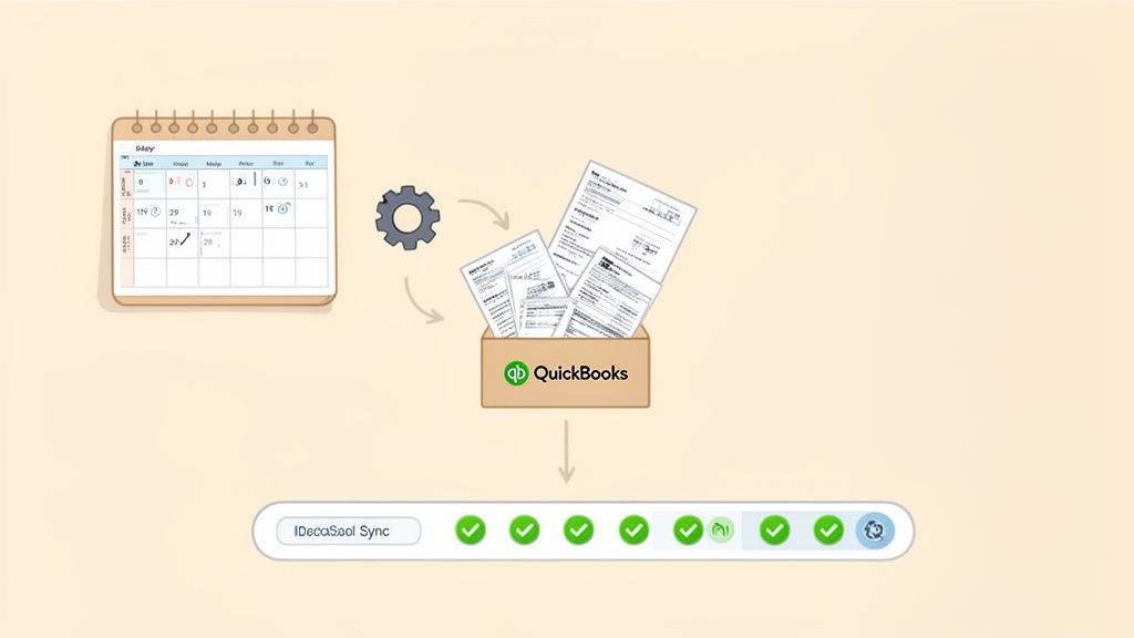 Illustration of a financial workflow, showing a calendar, gear, documents in QuickBooks, and sync progress.