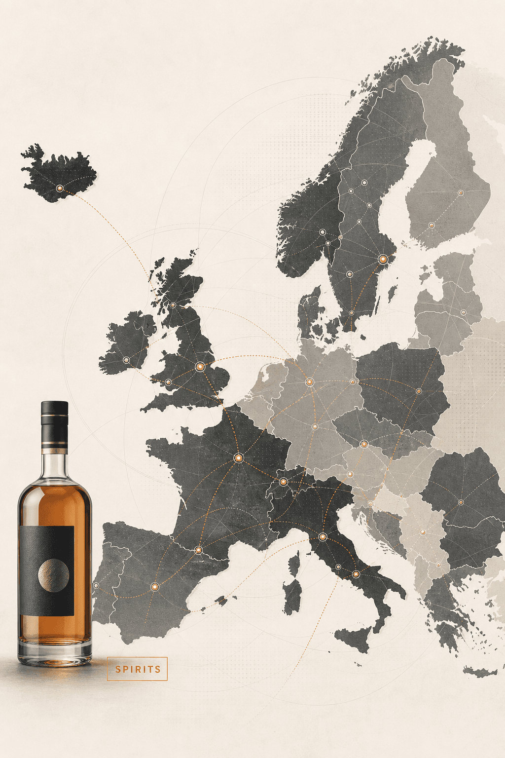 Editorial illustration of Europe as a fragmented alcohol market with country-by-country operating complexity.