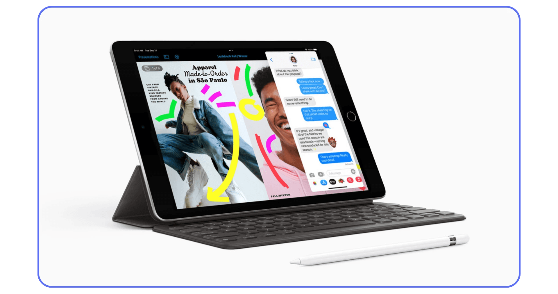 iPad connected to keyboard and Apple Pencil showing multitasking apps with creative sketch and message windows side by side.