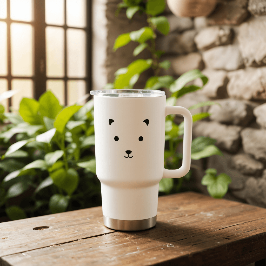 product photography of a travel mug with a cute animal design