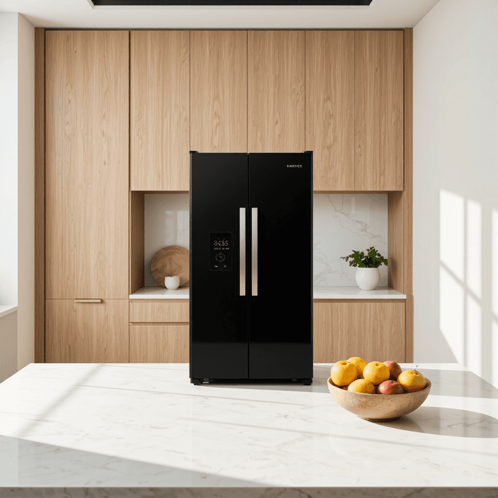 product photography of a compact refrigerator with dual doors for food storage