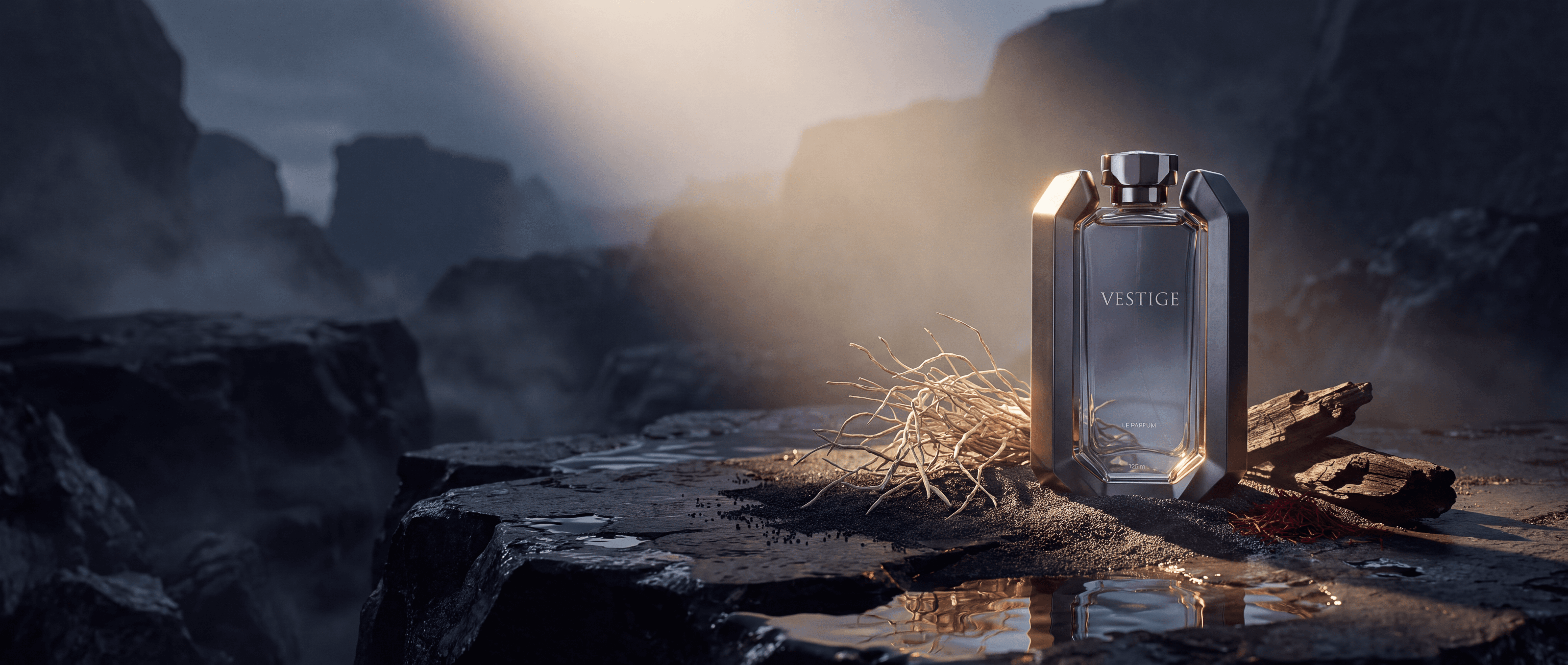 VESTIGE fragrance bottle in a volcanic campaign environment.