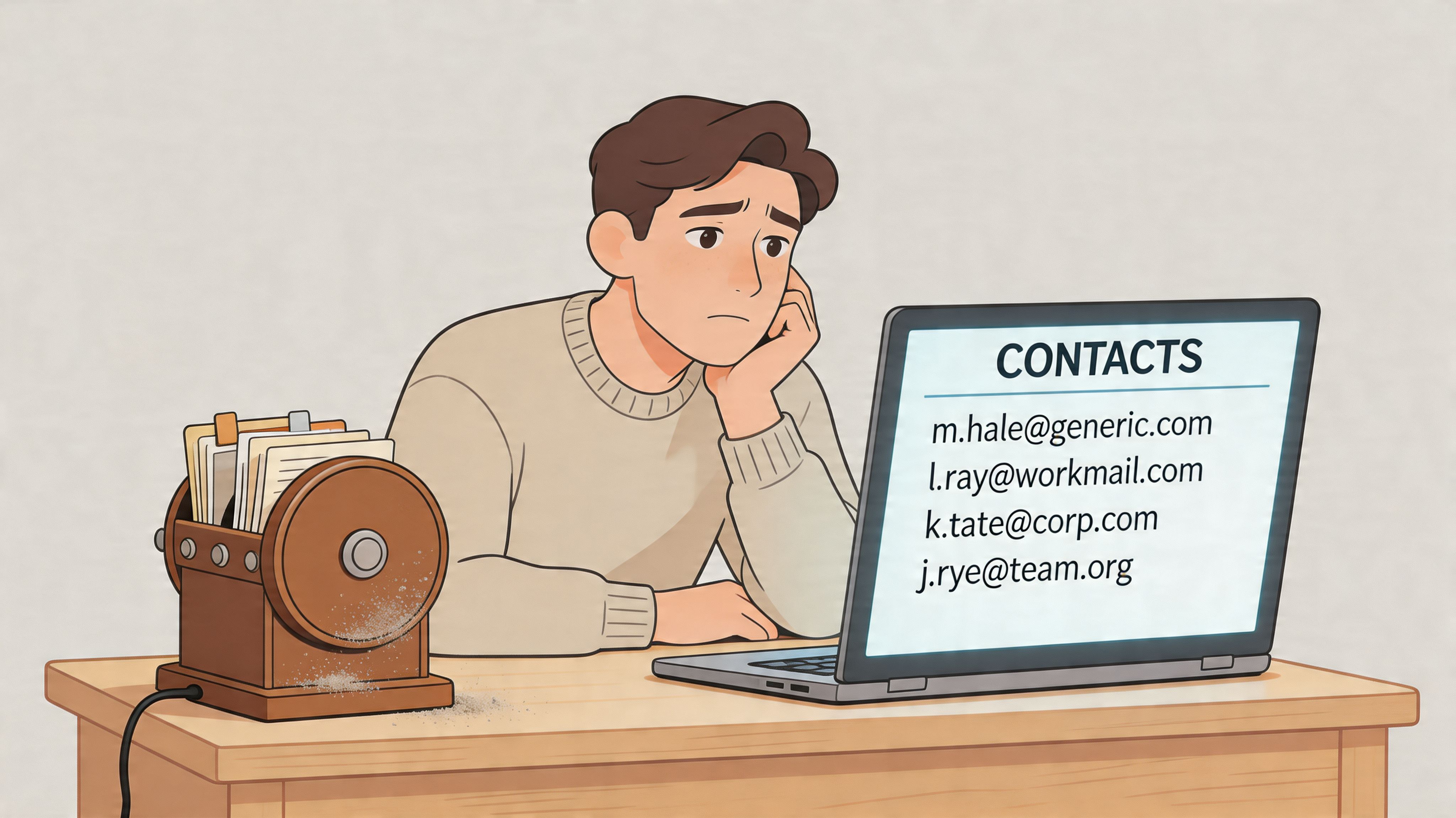 A concerned employee sits at a desk looking at a laptop screen displaying a list of contacts.