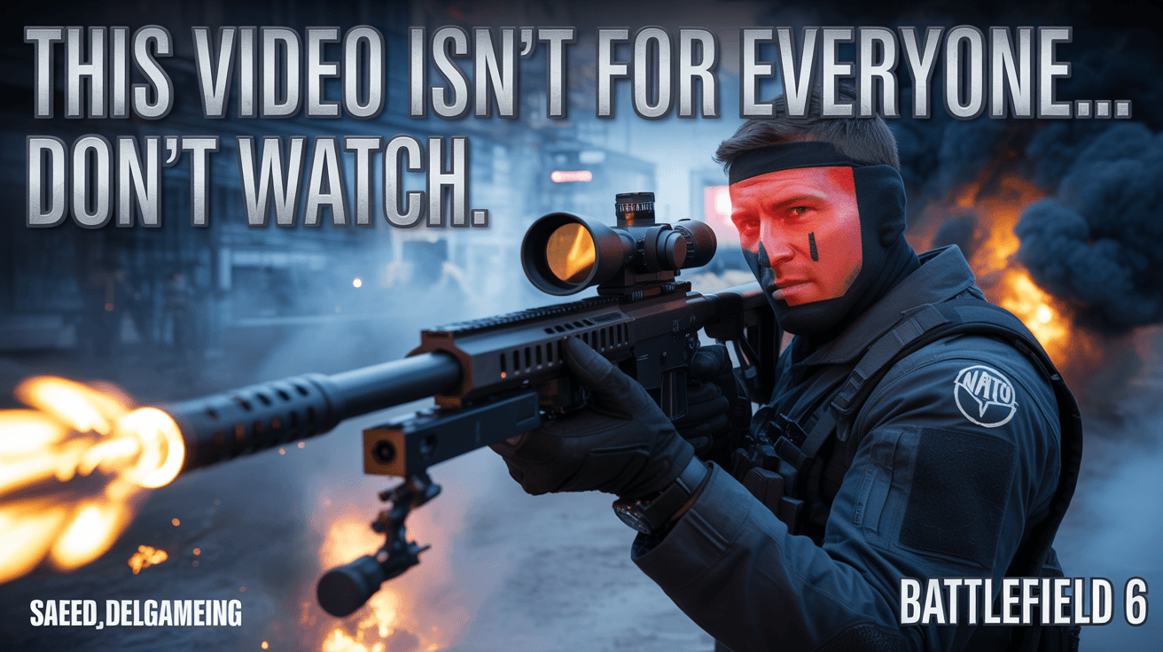 Sniper soldier in futuristic warzone with This Video Isn't for Everyone text