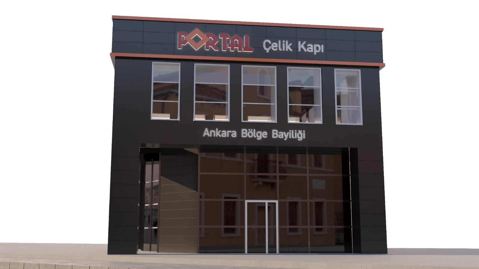 Exterior 3D visualisation of the Portal Door Ankara regional showroom with branded facade and entrance.
