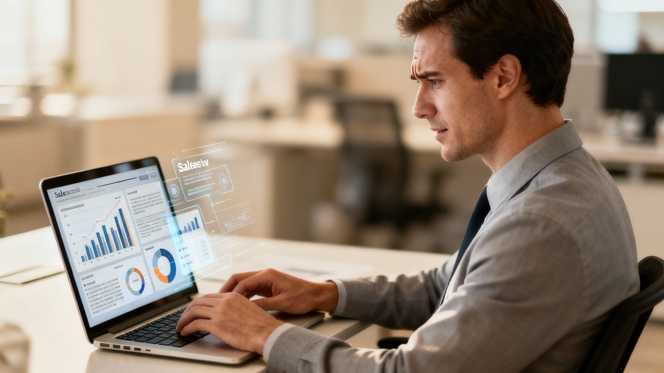 Sales professional using LinkedIn Sales Navigator on a laptop.