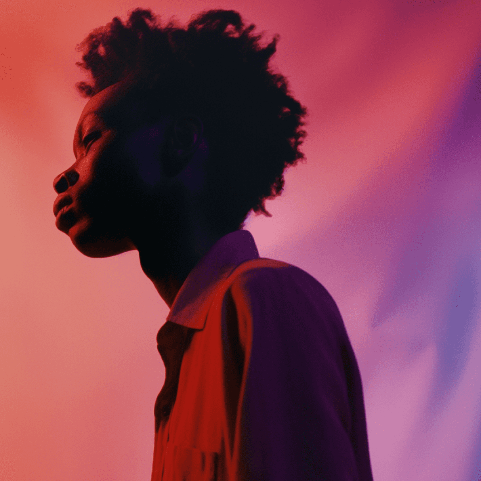 Profile of person with afro on colorful backdrop.