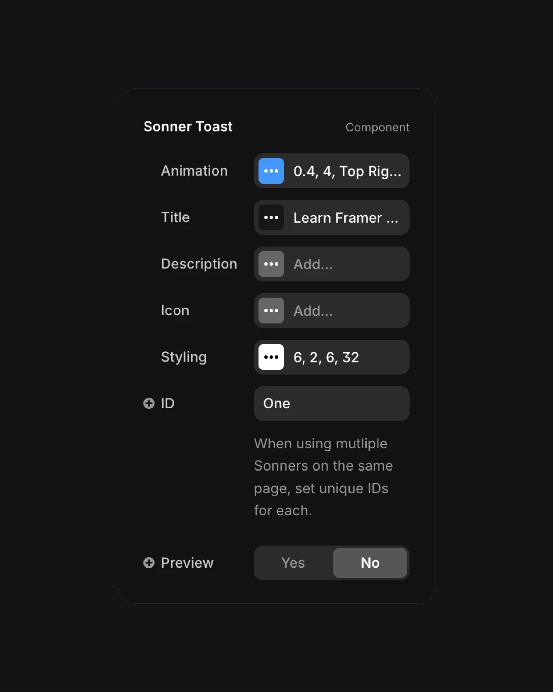 Sonner Toast settings with animation, title, and styling options