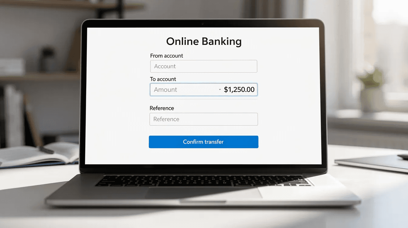 Laptop showing online banking transfer form with recipient bank info and currency options.