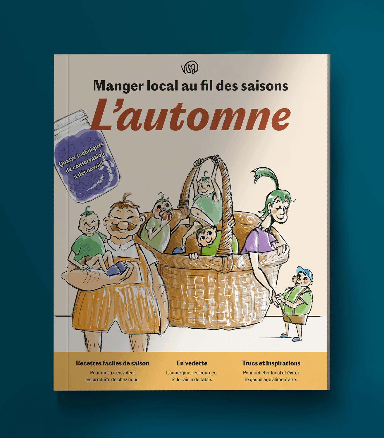 Page couverture d'un magazine de cuisine avec une illustration sympathique d'une famille dans un panier de produits