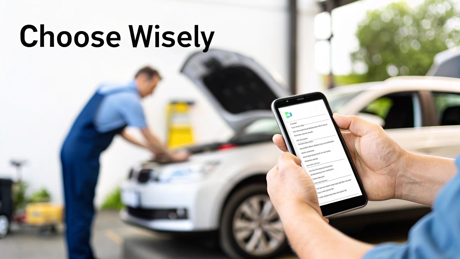 Person uses smartphone to choose a car repair service, with a mechanic working on a vehicle in the background.