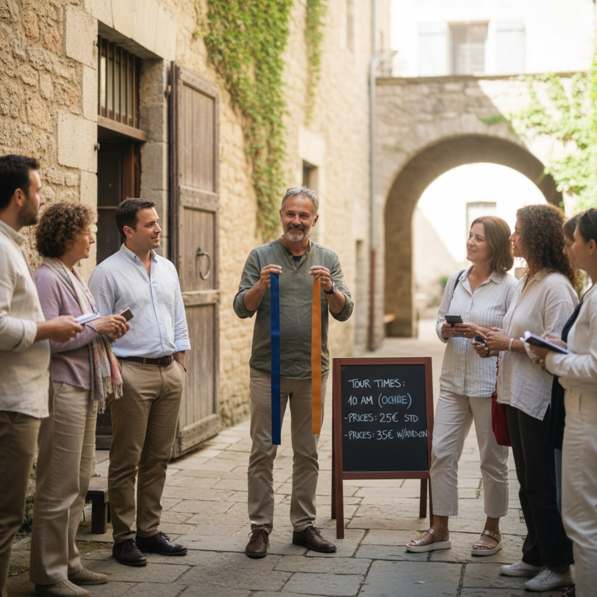 In einem historischen Innenhof zeigt ein Guide zwei unterschiedlich farbige Bänder für Varianten der Führung und erklärt Zusatzoptionen. Mildes Licht fällt über Steinmauern. Eine kleine Tafel listet Zeiten und Preise. Die Gruppe nickt zustimmend, Entscheidungen fallen leicht.