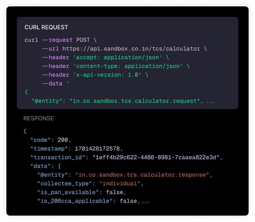 A CURL POST request to Sandbox API’s TCS calculator endpoint, showing headers and JSON payload for an entity, with a sample 200 OK JSON response.