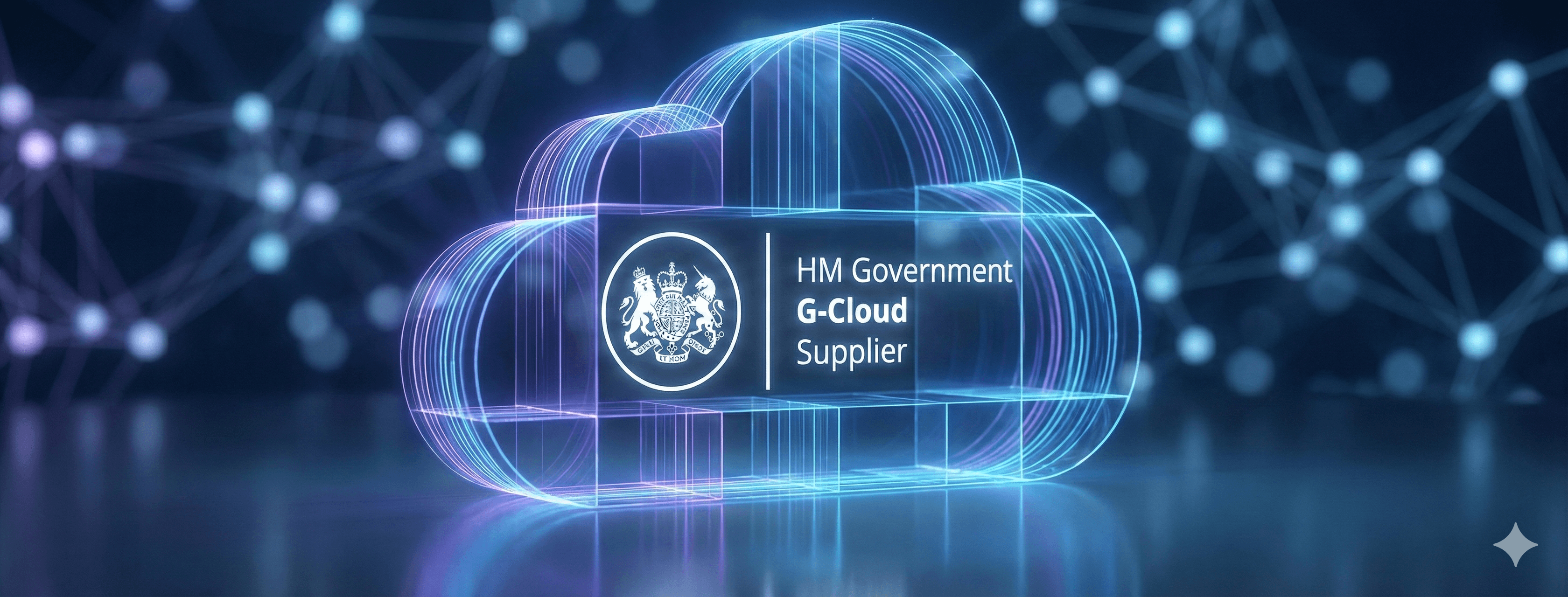 The image features a digital illustration of a translucent cloud with a glowing outline, showcasing the text "HM Government G-Cloud Supplier" overlaid, set against a dark, abstract background of interconnected nodes, symbolizing advanced technology and cloud computing; ideal for enhancing understanding of "G-Cloud Explained."