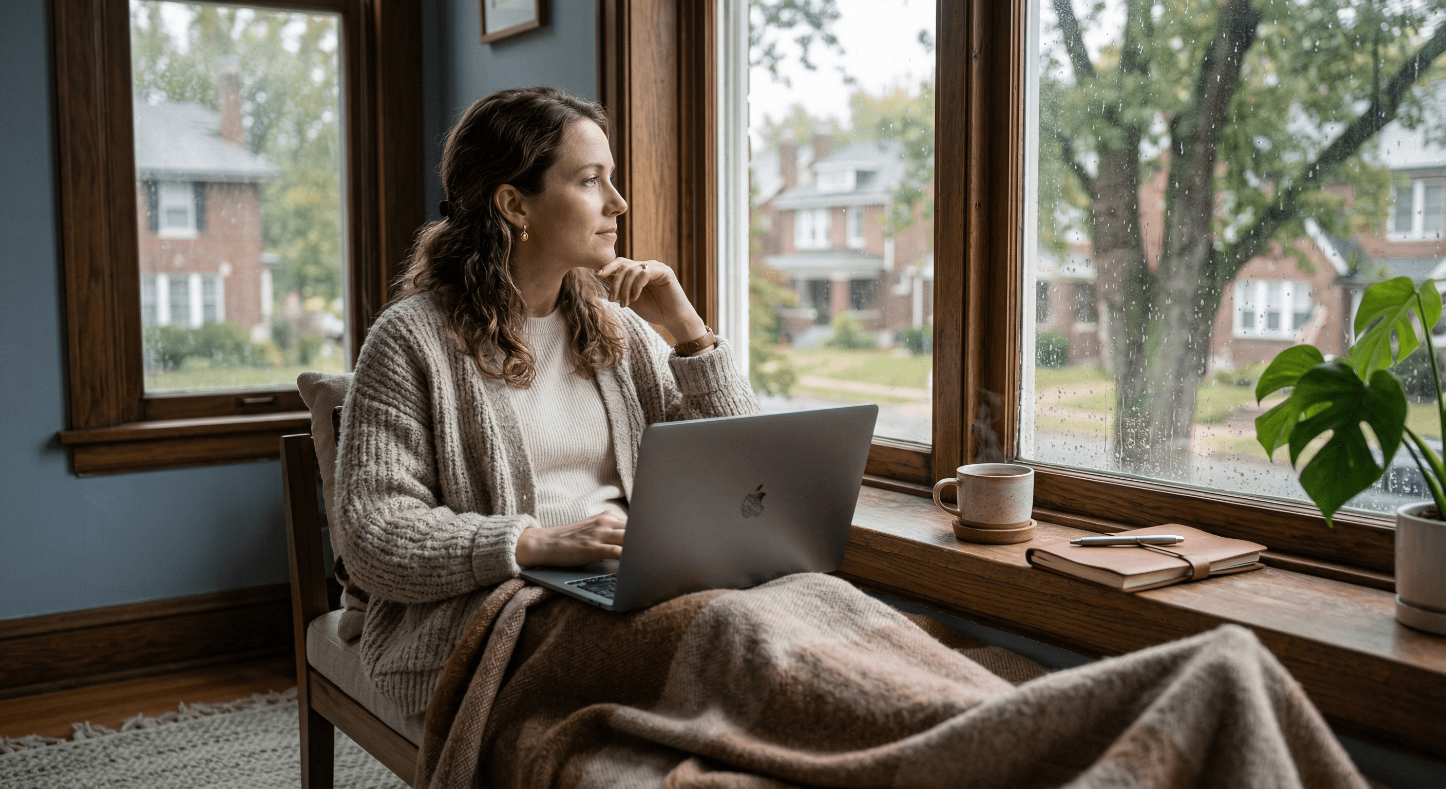 Woman with depression working from home on a rainy day with a laptop, managing her condition through a remote work accommodation