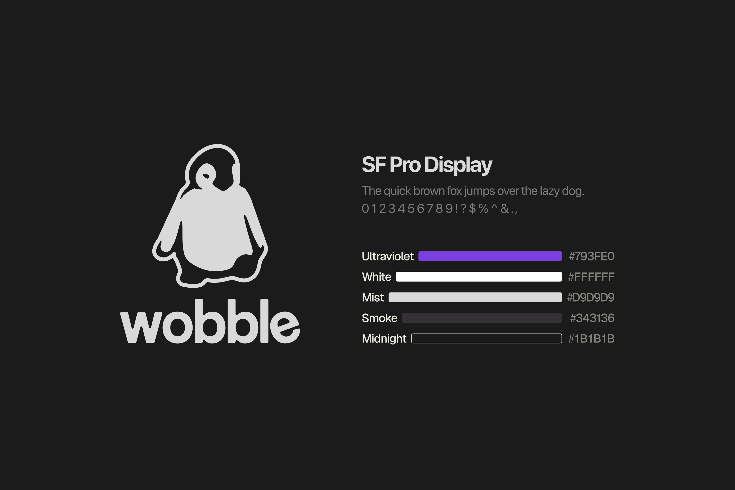 Wobble brand sheet: penguin logo, wordmark, SF Pro Display, and the color palette