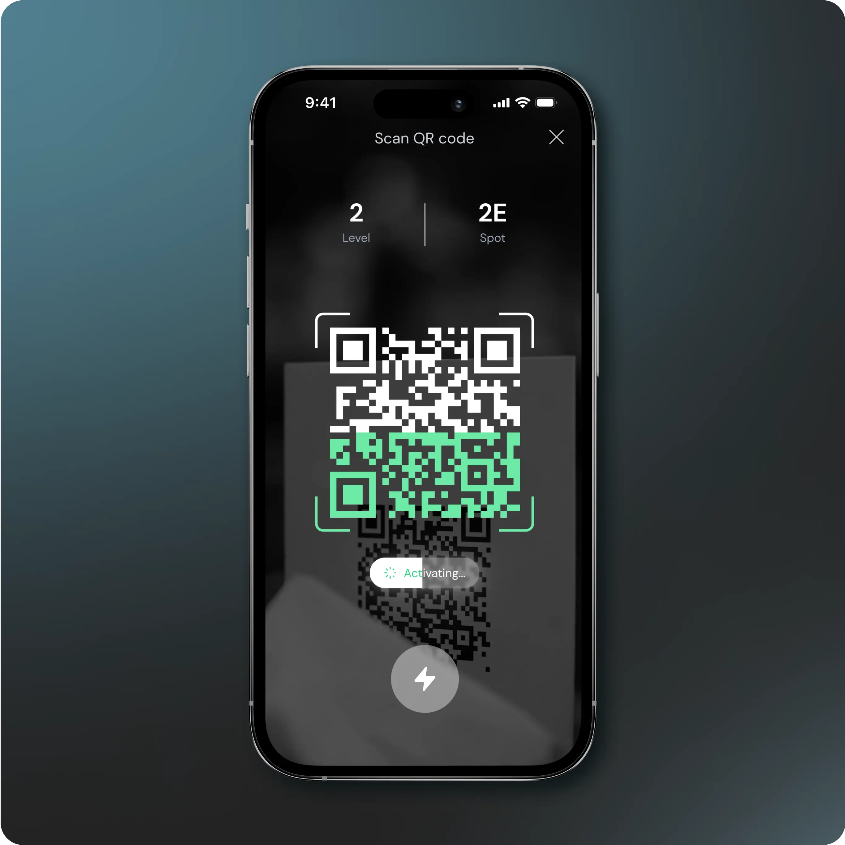 iPhone screen displaying a parking app interface where a QR code is being scanned. The screen shows the level (2) and spot (2E) information at the top, with a QR code in the center being processed. The app indicates that the activation is in progress with a loading animation below the QR code