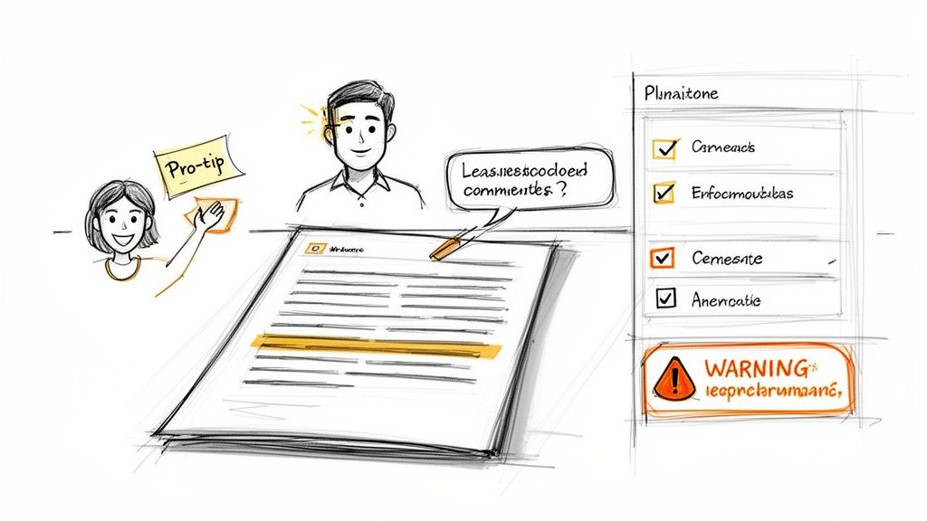 A cartoon illustration showing two people discussing a document and a checklist with a warning.