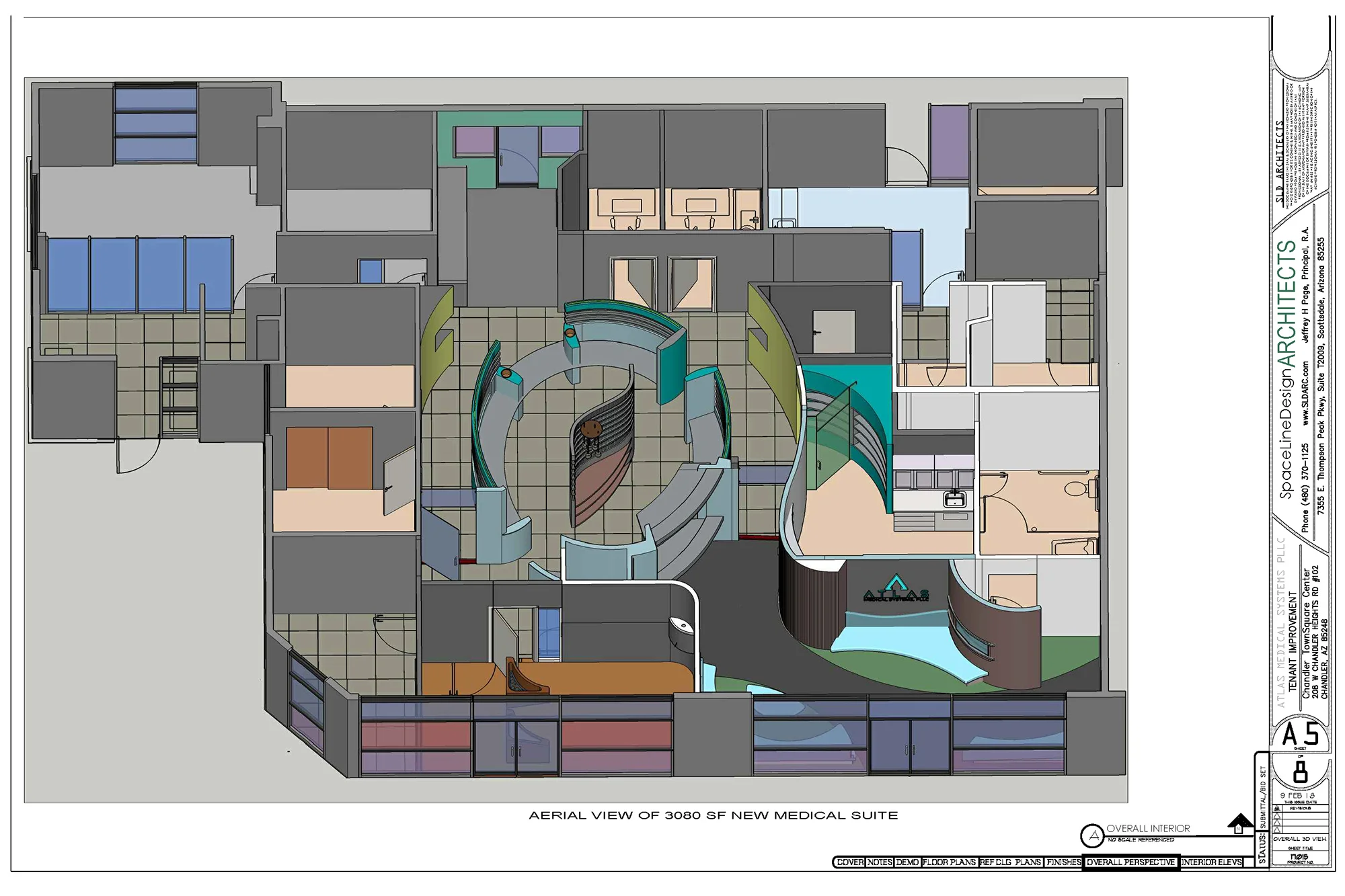 Medical Office exam rooms and Reception with curvilinear floor plan in 3d perspective from above.