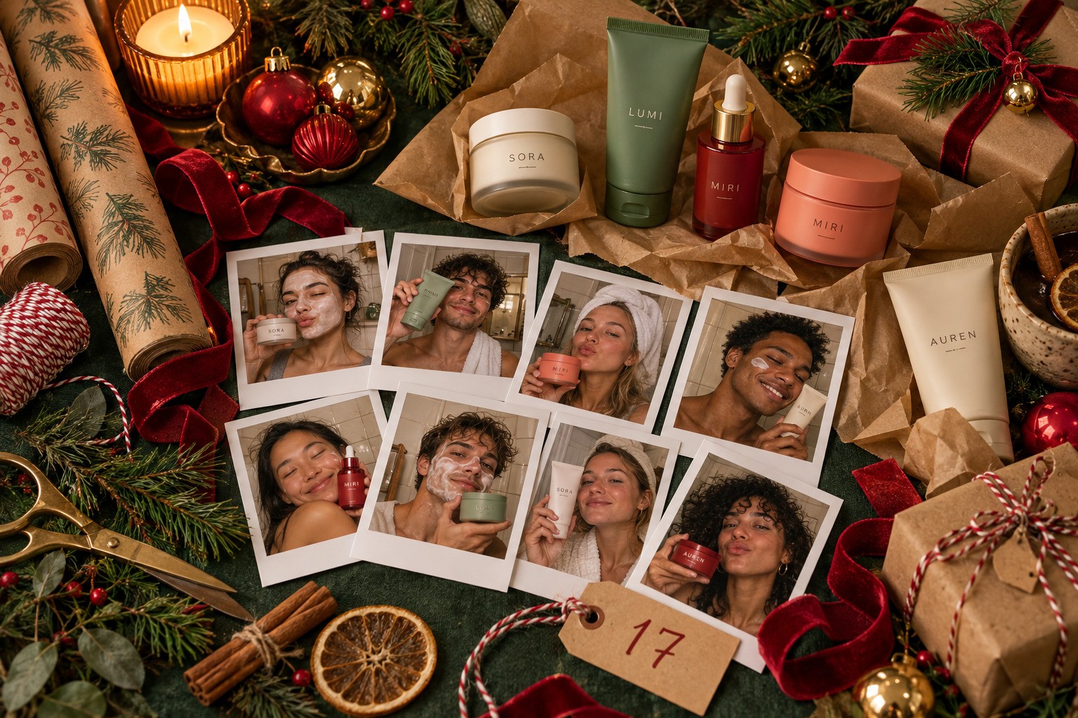Overhead Christmas wrapping table with kraft paper, red ribbon, pine branches, instant photos of different creators and a gift tag marked 17