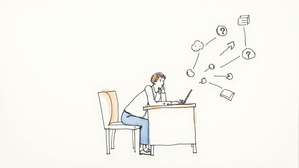A person sitting at a desk, thoughtfully analyzing data on a computer screen, representing critical thinking in a professional setting.
