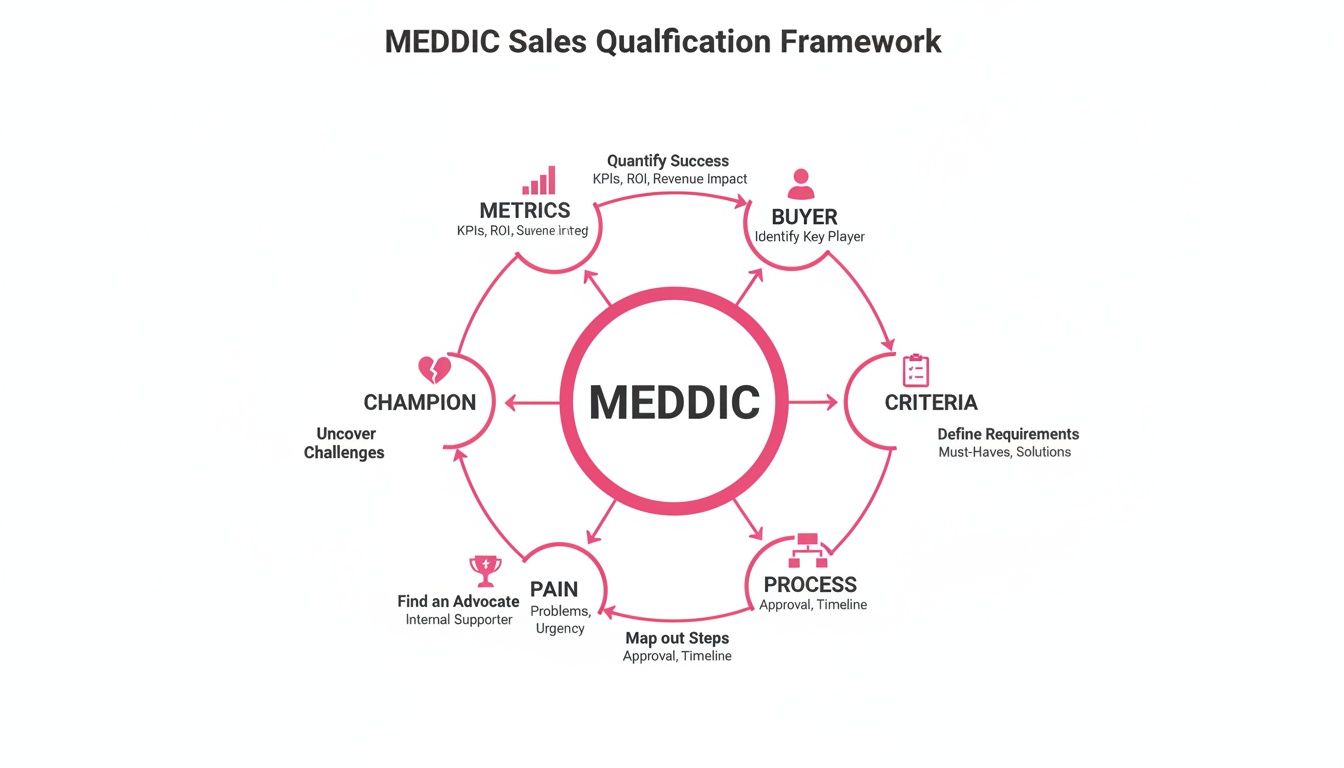 MEDDIC Sales Qualification Framework diagram showing its six components: Metrics, Buyer, Criteria, Process, Pain, Champion.